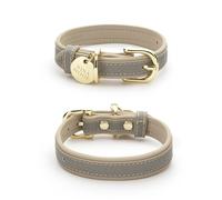 Nina Woof London Collar de Piel Vegana para Perro, de Lujo, Bonito, con Hebilla Ajustable, para Perros pequeños y Grandes, Acolchado, Color Gris sobre Beis, Talla M