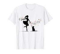 Niña y gato lindo baile con notas musicales y corazones Camiseta