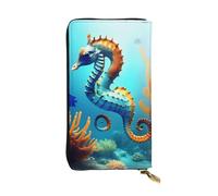 Ninainaid Cartera larga de piel con estampado de caballito de mar de coral de fondo marino, cartera grande para exteriores, portátil y práctica, adecuada tanto para hombres como para mujeres.