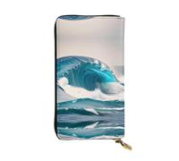 Ninainaid Cartera larga de piel con estampado de olas de mar azul de dibujos animados, cartera grande para exteriores, portátil y práctica, adecuada tanto para hombres como para mujeres.