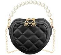 Niñas Corazón Perla Mini Monedero - Lindo Moda Crossbody Bolsos, Chicas Perla Cadena-Crossbody Bolsos para Niños (Negro)