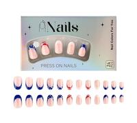 Niñas de presión francesa | Independence Day Rojo, azul Rink Almond Almond Upable uñas portátiles, manicura simple 24 uñas falsas lámina extraíble de almendras cortas diseño de la ban