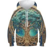 Niñas Hoodie Árbol Celta de la Vida 3D Printed Pullover Manga Larga Sudadera Elementos Vikingos con Bolsillos Grandes Niños Teen Casual 12-14Y