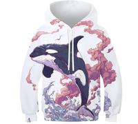 Niñas Hoodie Orca 3D Printed Pullover Manga Larga Sudadera Orca con Bolsillos Grandes Niños Teen Casual 10-12Y