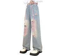 Niñas Pantalones Rotos Rosa de Mezclilla Multibolsillos Jeans Largo con Rectos de Pierna Pantalones Vaqueros con Cordón de Cintura para Chicas para 11-12 Años