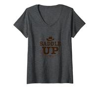 Niñas Western Saddle Up Cowgirl Rodeo Adventure Camiseta Cuello V, Mujer, Jaspeado Oscuro, M