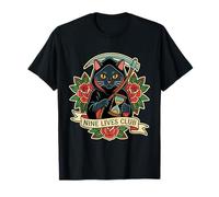 Nine Lives Club Grim Reaper Cat Retro Tatuaje Humor Oscuro Camiseta