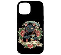 Nine Lives Club Grim Reaper Cat Retro Tatuaje Humor Oscuro Carcasa para iPhone 15