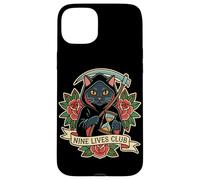 Nine Lives Club Grim Reaper Cat Retro Tatuaje Humor Oscuro Carcasa para iPhone 15 Plus