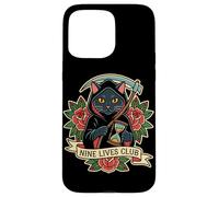 Nine Lives Club Grim Reaper Cat Retro Tatuaje Humor Oscuro Carcasa para iPhone 15 Pro MAX