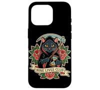Nine Lives Club Grim Reaper Cat Retro Tatuaje Humor Oscuro Carcasa para iPhone 16 Pro