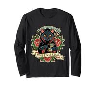 Nine Lives Club Grim Reaper Cat Retro Tatuaje Humor Oscuro Manga Larga