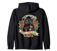 Nine Lives Club Grim Reaper Cat Retro Tatuaje Humor Oscuro Sudadera con Capucha
