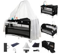 Nine point nine Cuna de Viaje con Cambiador, Cómodo y Resistente Cuna de Viaje Bebe con Colchon, Altura Ajustable Travel Cot, Plegable y Móvil Parque Cunas Bebe (6602 Black with Net)