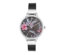 Nine West Reloj de Pulsera para Mujer con Esfera Floral, Negro/Plateado