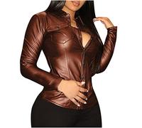 Ninedayx Blusa de cuero para mujer, blusas del Reino Unido para mujer, camisetas de talla grande para mujer, ropa de manga larga para mujer, camisas de noche de club con botones Y2K, A115 marrón, XXL