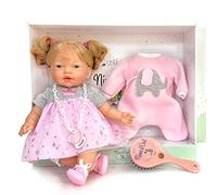Nines Artesanals d'Onil MINITITA Elsa, muñeca de Cuerpo blandito. Mide 40cm con Vestido de Tul con Brillantes y Estrellas. Incluye, un Peine, Chupete con Cadena y Pijama.