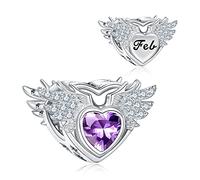 NINGAN febrero Corazón Alas piedra del zodíaco Abalorios Charms Colgantes de encanto de Cuentas Plata de Ley 925 con Compatible con Pulsera Pandora & Europeo