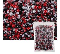 NingPower 80G Perlas Artificiales Semicirculares Con Parte Trasera Plana, 3mm A 10mm Tamaños Mixtos, Pequeñas Cuentas para Manualidades, Bodas, Fiestas De Cumpleaños, Arte De Uñas, Serie Negro Rojo