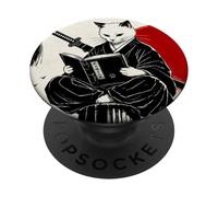 Ninja Cat Reading Book Lover Japanese Sumi-e Art PopSockets PopGrip Adhesivo