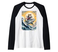 Ninja Cat Samurai Montando Tiburón Kawaii Anime Japonés Vintage Camiseta Manga Raglan
