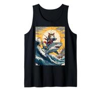 Ninja Cat Samurai Montando Tiburón Kawaii Anime Japonés Vintage Camiseta sin Mangas