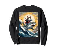 Ninja Cat Samurai Montando Tiburón Kawaii Anime Japonés Vintage Sudadera