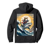 Ninja Cat Samurai Montando Tiburón Kawaii Anime Japonés Vintage Sudadera con Capucha