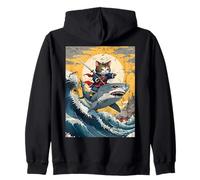 Ninja Cat Samurai Montando Tiburón Kawaii Anime Japonés Vintage Sudadera con Capucha