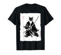 Ninja Cat Samurai Pintura de tinta japonesa Sumi-e Vintage Camiseta