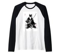 Ninja Cat Samurai Pintura de tinta japonesa Sumi-e Vintage Camiseta Manga Raglan