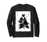 Ninja Cat Samurai Pintura de tinta japonesa Sumi-e Vintage Manga Larga
