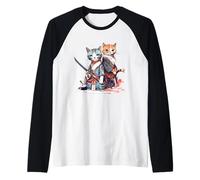 Ninja Cats Pareja Anime Japonés con Samurai Katana Camiseta Manga Raglan