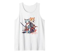 Ninja Cats Pareja Anime Japonés con Samurai Katana Camiseta sin Mangas