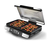 Ninja Sizzle Pro XL Parrilla y plancha para interior, con placa de parrilla y plancha cerámicas antiadherentes, tapa desmontable, recogegrasas y guía de recetas, color plateado/negro GX101EU