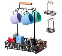 NINMORTH Soporte de metal para tazas de café con 4 ganchos, soporte para tazas de cocina con bandeja de almacenamiento para cápsulas y bolsas de té, color negro