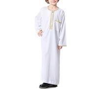 Niño Jubba Thobe,Niño Islámico Abaya Túnica con Cremallera Delantera,Niño Musulmán Traje de Oración,Niño de Manga Larga Abaya Kaftan,Blanco,130(7-8Y)
