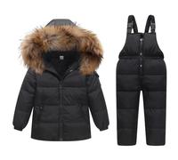 Niño Niña Conjunto de Esquí, Chaqueta con Capucha + Pantalón de Esquí Impermeable Traje de Nieve 2 Piezas Traje de Esquí Abrigos de Pluma Pantalones de nieve Pantalones de Babero, Negro 4-5 Años