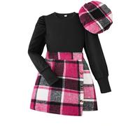 Niño Niña Manga Larga Acanalado Sólido Tops Blusa Falda a cuadros con Sombrero Conjunto 3 Piezas Vestido de Verano Ropa Niño, Rosa intenso., 10-12 años