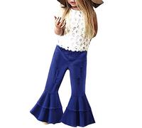 Niño para dos pantalones de 1 a 6 niñas, pantalones de mezclilla con llamarada denim rota campana con volantes pantalones de niña pantalones bebé ratón ropa niño, azul, 1-2 años