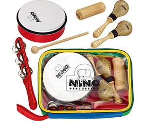 Nino Percussion NINOSET1 - Un surtido de percusión | Instrumento musical para niños a partir de 3 años, 5 piezas, incluye funda, plástico ABS y madera