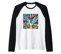 Niño superhéroe soplando a través de la Ciudad en una tormenta Camiseta Manga Raglan