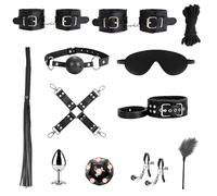 Ninonly 12 Piezas Kit BDSM Bondage para Parejas Negro | Esposas, Grilletes de Tobillo, Collar, Antifaz, Pinzas para Pezones, Mordaza, Látigo, Plug Anal, Completo para Principiantes