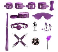 Ninonly Kit BDSM para Parejas, 12 Piezas de Bondage, Morado | Esposas, Grilletes de Tobillo, Collar, Antifaz, Pinzas para Pezones, Mordaza, Látigo, Plug Anal