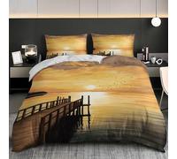 NiñOs Adultos 3D Estampado Juego de Funda de EdredóN 240x220 cm Atardecer Junto Al Lago, Muelle, PáJaros Microfibra Juego de Cama + 2 Fundas de Almohada, Suave Oro Funda Nordica para Cama 150