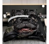 NiñOs Adultos 3D Estampado Juego de Funda de EdredóN 240x220 cm Lindo Animal Bulldog FrancéS Microfibra Juego de Cama + 2 Fundas de Almohada, Suave AntialéRgico Negro Funda Nordica para Cama 150