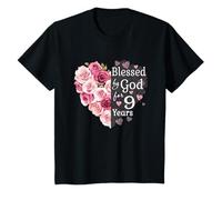 Niños Bendecido por Dios Durante 9 años con Forma de corazón de Rosa, Noveno cumpleaños Camiseta