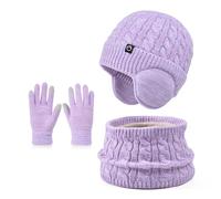 Niños Conjunto Gorro de Punto Bufanda Guantes Set 3 en 1, Invierno Cálidos Beanie con Orejeras Caliente Bufanda Pantalla Táctil Guantes para Niños Niñas 4-10 Años (Viola-Mix)