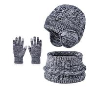 Niños Conjunto Gorro de Punto Bufanda Guantes Set 3 en 1, Invierno Cálidos Beanie con Orejeras Caliente Bufanda Pantalla Táctil Guantes para Niños Niñas 4-10 Años (Negro-Mix)