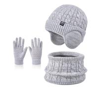 Niños Conjunto Gorro de Punto Bufanda Guantes Set 3 en 1, Invierno Cálidos Beanie con Orejeras Caliente Bufanda Pantalla Táctil Guantes para Niños Niñas 4-10 Años (Gris-Mix)